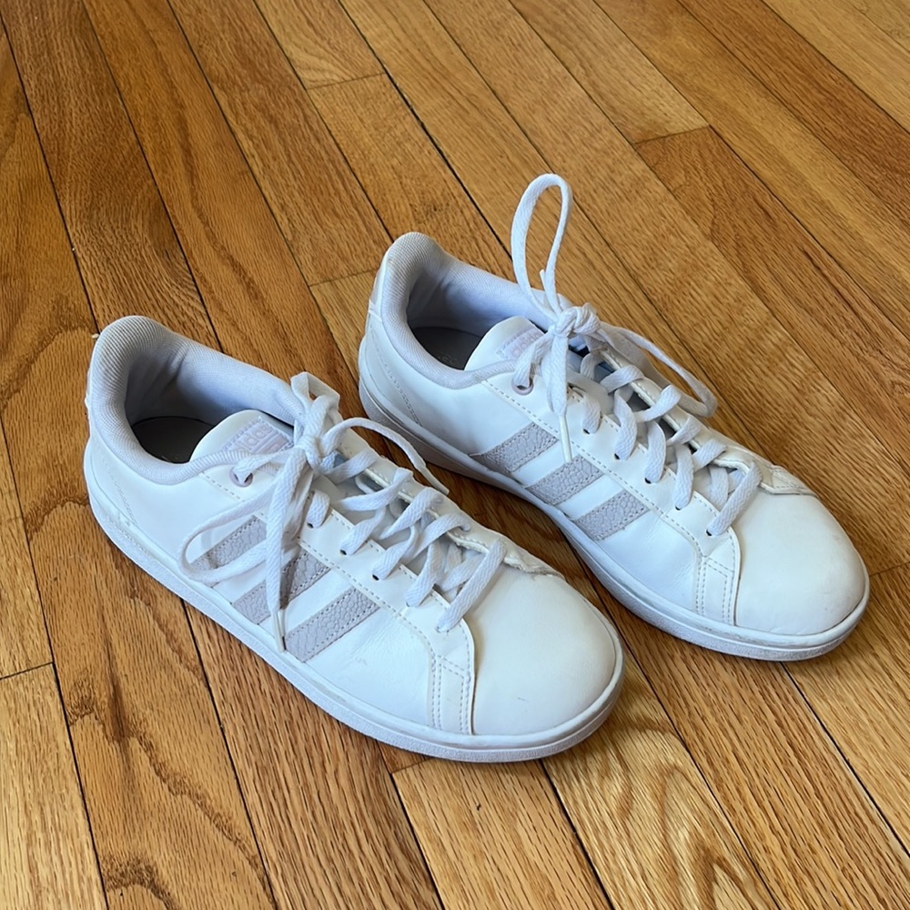 Adidas Cloudfoam sneakers, White with 3 pinkish tan stripes, Size 7 1/2.